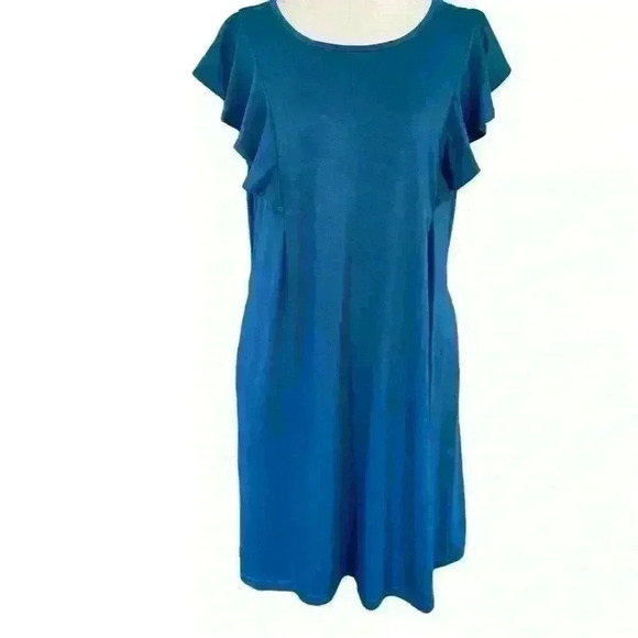 WOOSEA Women's Summer T Shirt Dress Size M/L Teal Ruffle Sleeve Swing Pockets - Picture 2 of 8